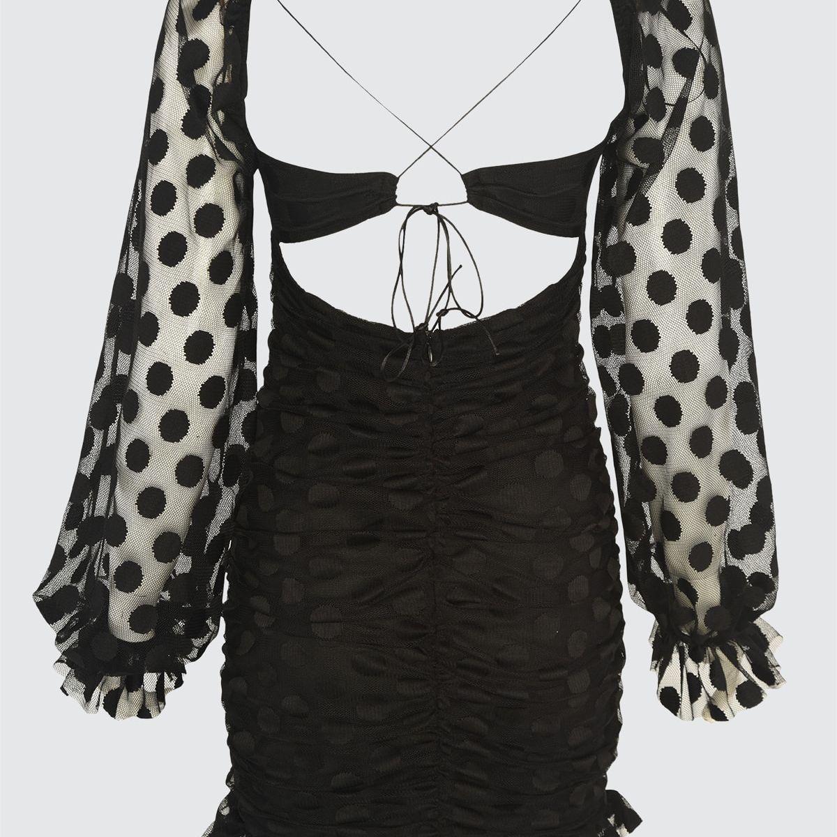Trendyol Long Sleeves Flocked Polka Dot Mini Dress with Tie Back-women-clothing-dresses-image-7