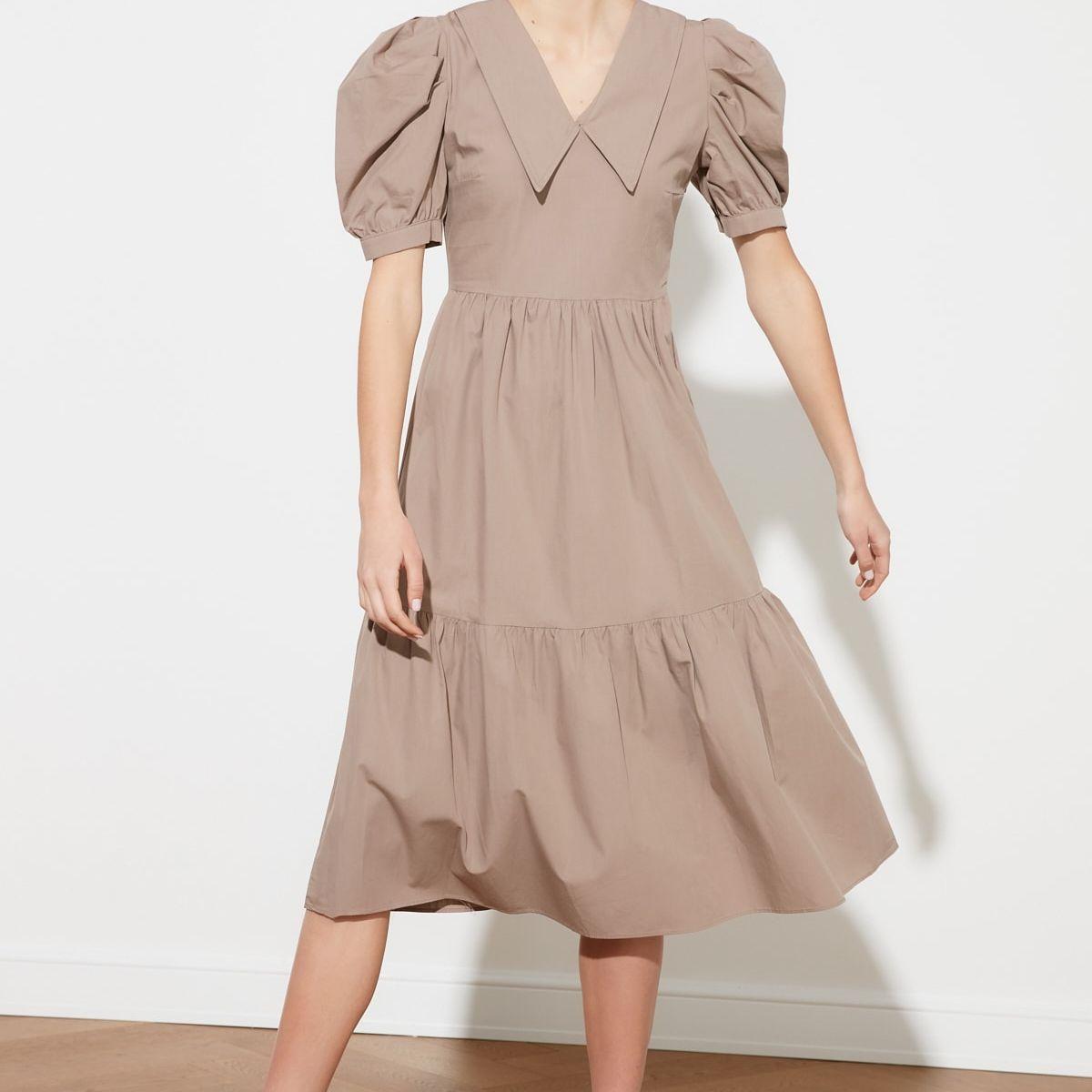 Trendyol Balloon Sleeves V Neck Tiered Midi Dress-women-clothing-dresses-image-1