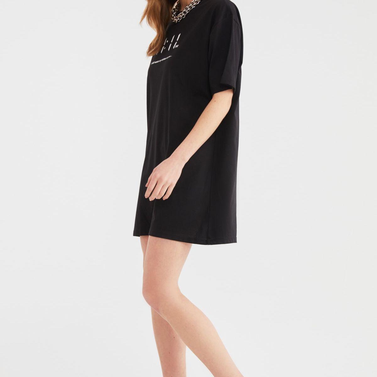 Trendyol Short Sleeves Slogan Print Knitted T-shirt Mini Dress-women-clothing-dresses-image-2