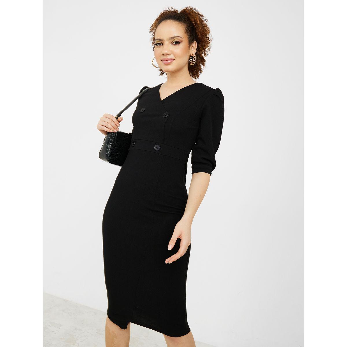 Styli 3/4 Sleeves Button Detail Bodycon Knee Length Dress with Asymmetric Hem-women-clothing-dresses-image-1