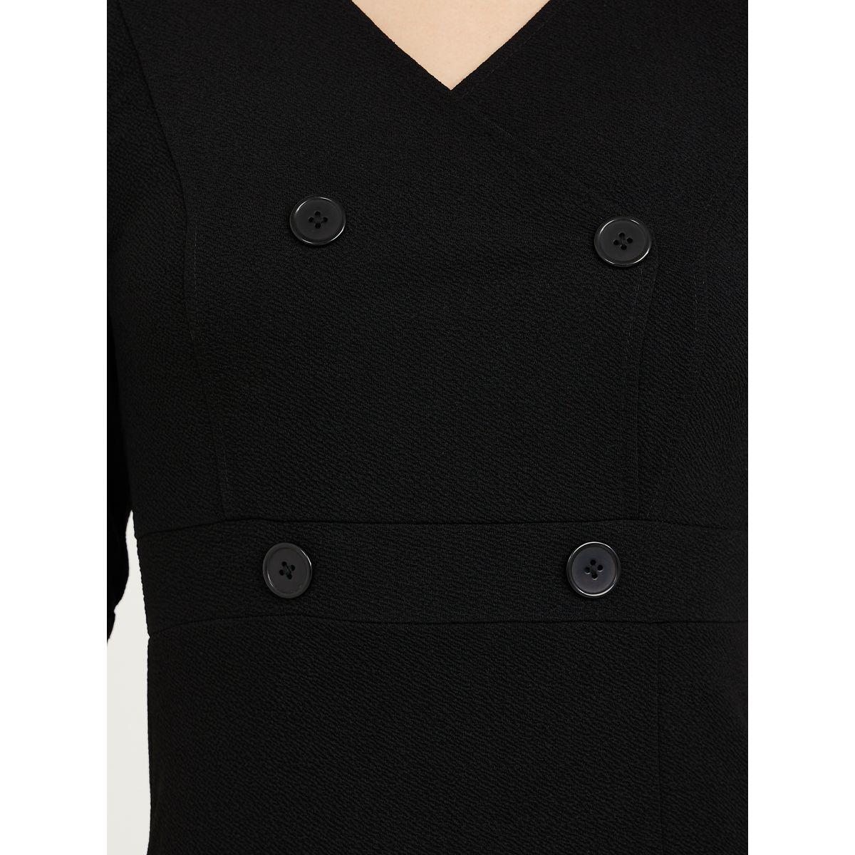 Styli 3/4 Sleeves Button Detail Bodycon Knee Length Dress with Asymmetric Hem-women-clothing-dresses-image-3
