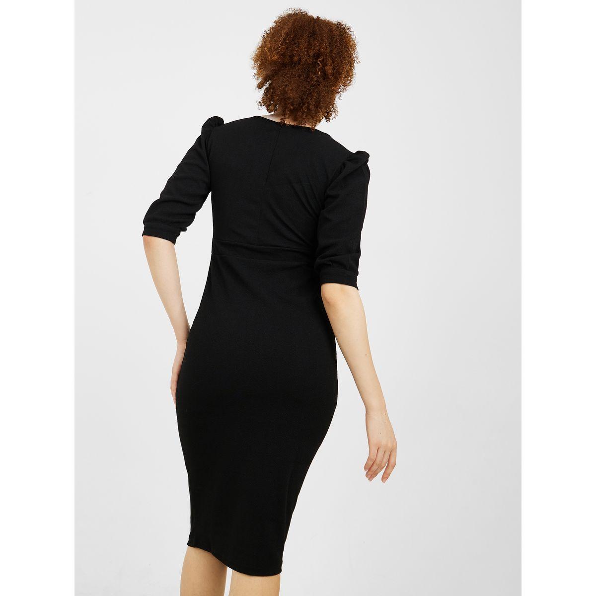 Styli 3/4 Sleeves Button Detail Bodycon Knee Length Dress with Asymmetric Hem-women-clothing-dresses-image-4