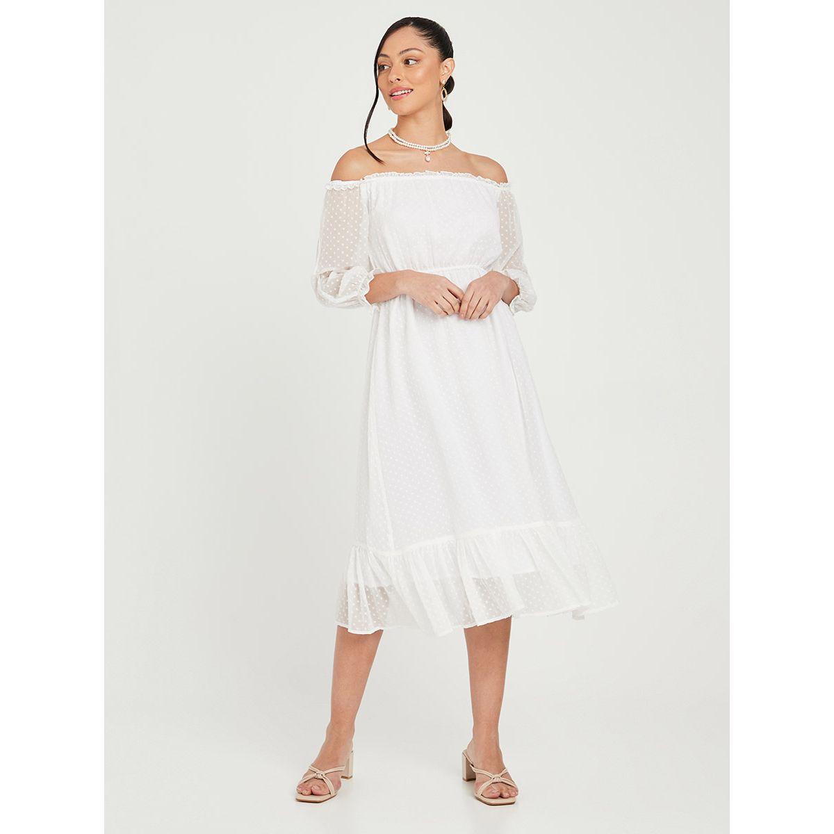 Styli 3/4 Sleeves Off Shoulder Dobby Spot A-Line Midi Dress-women-clothing-dresses-image-1