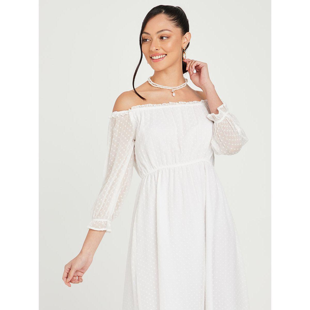Styli 3/4 Sleeves Off Shoulder Dobby Spot A-Line Midi Dress-women-clothing-dresses-image-2
