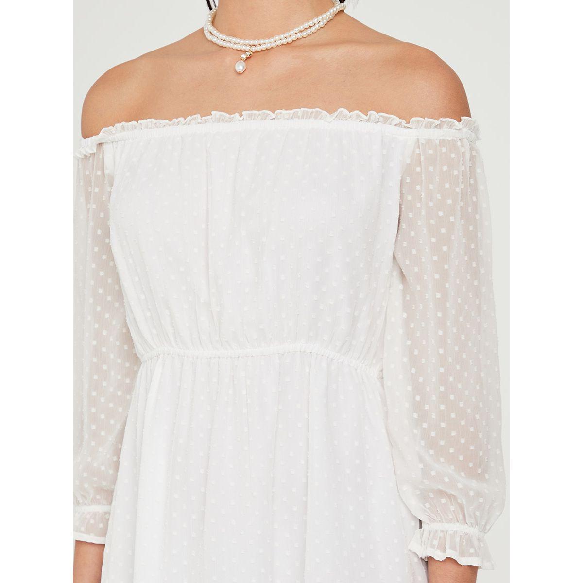 Styli 3/4 Sleeves Off Shoulder Dobby Spot A-Line Midi Dress-women-clothing-dresses-image-3