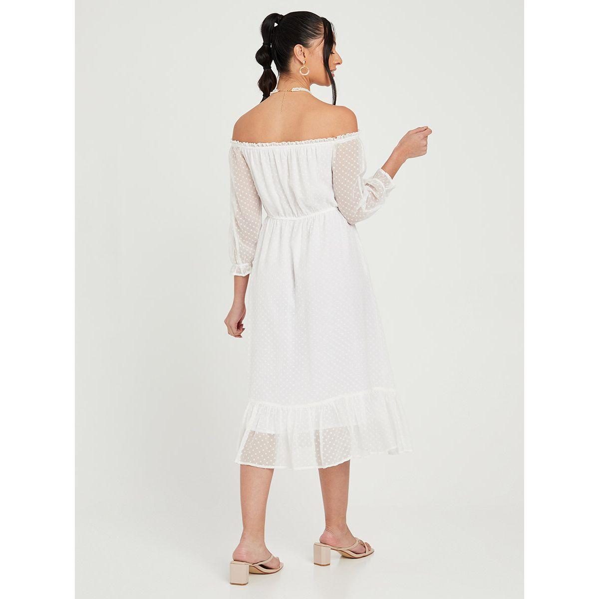 Styli 3/4 Sleeves Off Shoulder Dobby Spot A-Line Midi Dress-women-clothing-dresses-image-4