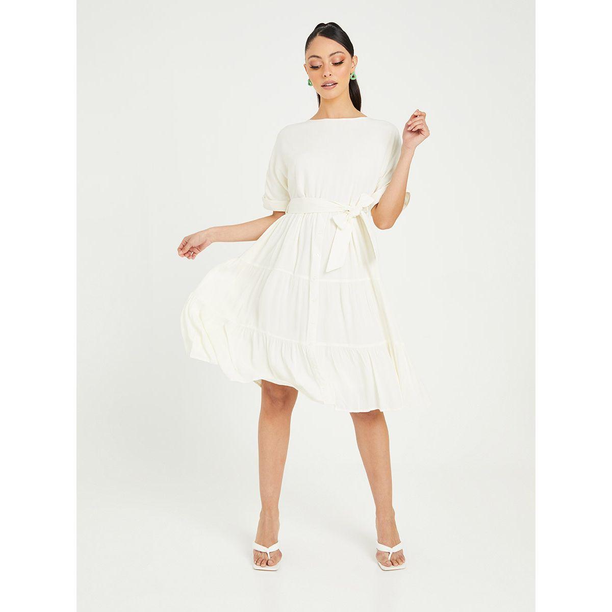 Styli Short Sleeves Tiered Midi Dress with Self Tie-women-clothing-dresses-image-2
