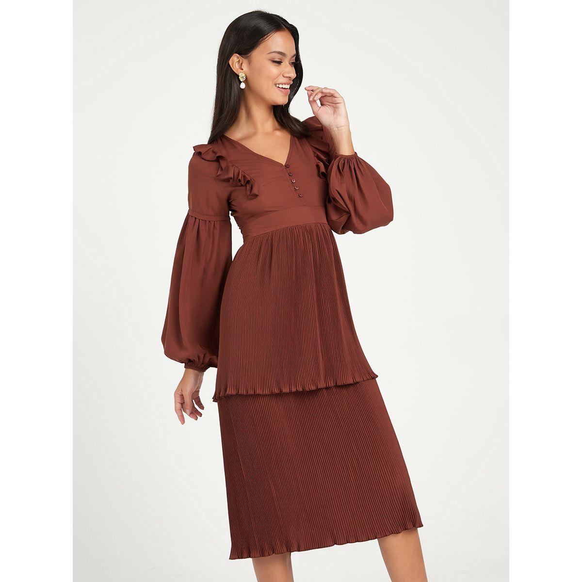 Styli Long Sleeves Pleated Midi Dress with Ruffle Detail-women-clothing-dresses-image-1