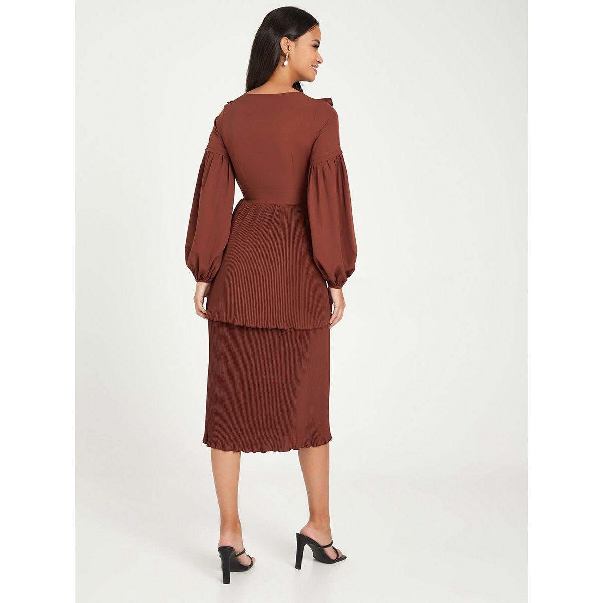 Styli Long Sleeves Pleated Midi Dress with Ruffle Detail-women-clothing-dresses-image-4