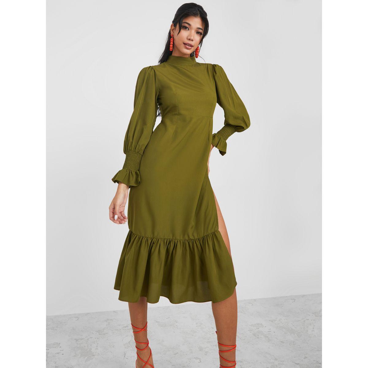 فستان ميدي بياقة عالية وشق جانبي-women-clothing-dresses-image-1