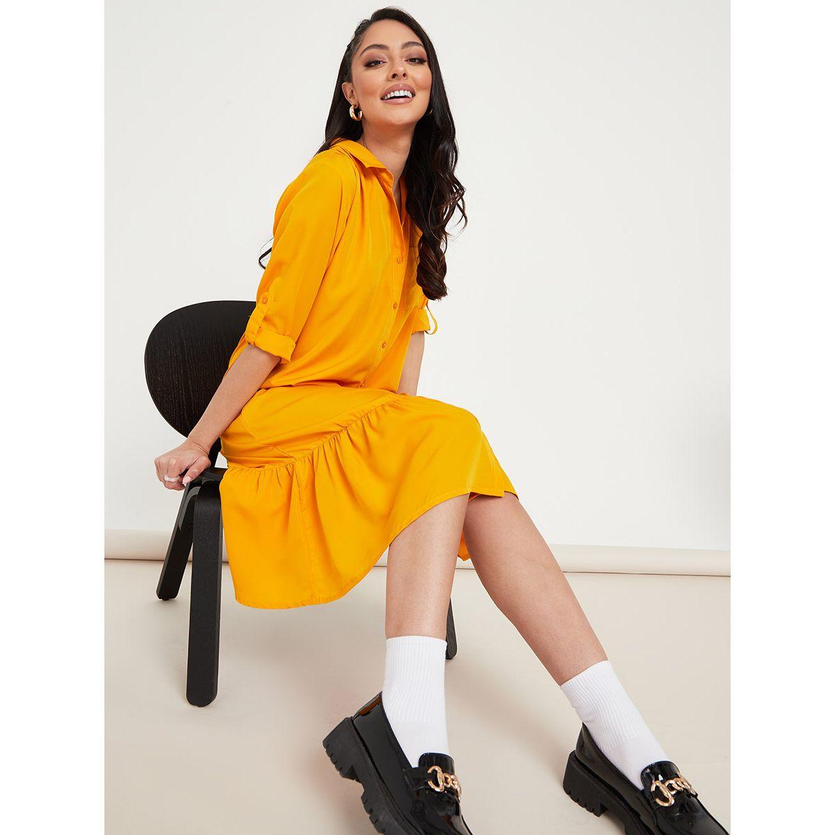 Styli 3/4 Sleeves Patch Pocket Detail Tiered Midi Dress with Button Closure-women-clothing-dresses-image-1