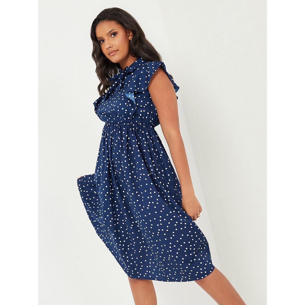 Styli Pussybow Neck Polka Dot A-Line Midi Dress with Ruffle Detail-women-clothing-dresses-image-1