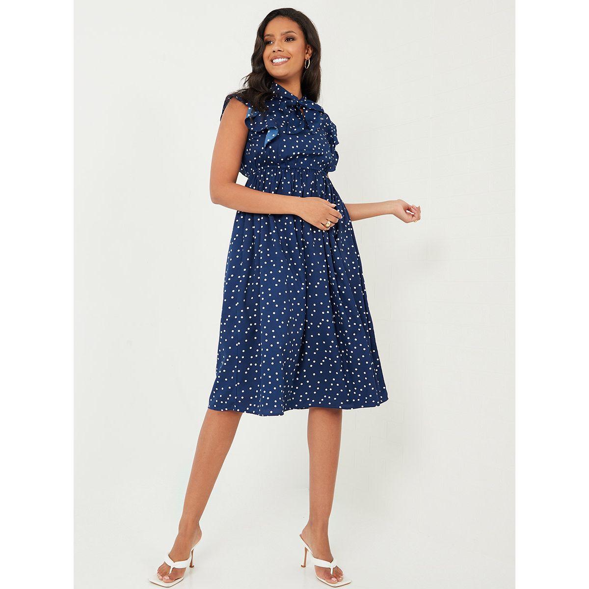 Styli Pussybow Neck Polka Dot A-Line Midi Dress with Ruffle Detail-women-clothing-dresses-image-2