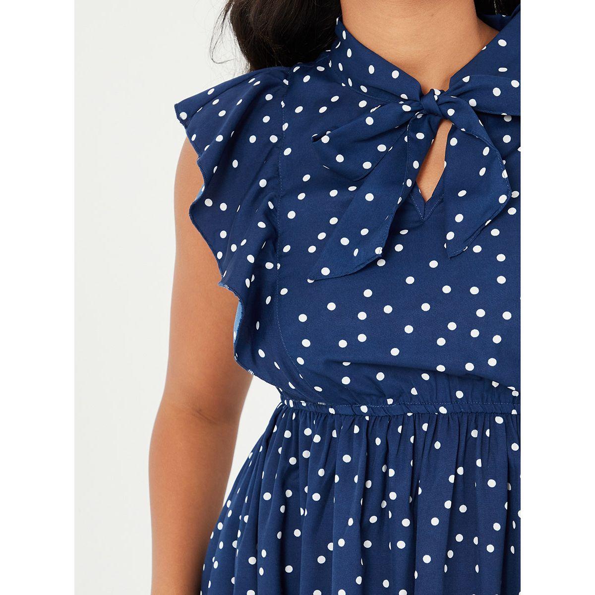 Styli Pussybow Neck Polka Dot A-Line Midi Dress with Ruffle Detail-women-clothing-dresses-image-3
