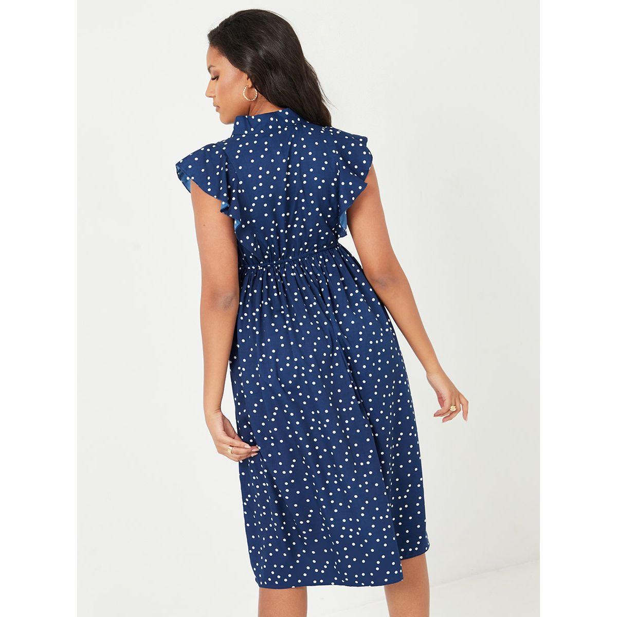 Styli Pussybow Neck Polka Dot A-Line Midi Dress with Ruffle Detail-women-clothing-dresses-image-4