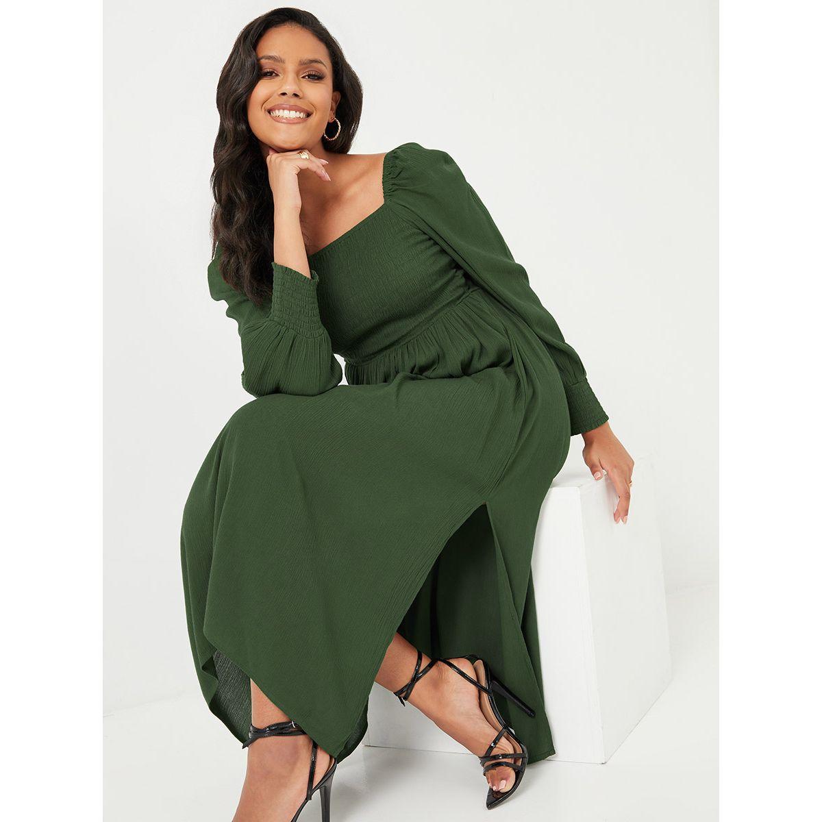 Styli Cuffed Sleeves Square Neck Smock Midi Dress with Slit Hem-women-clothing-dresses-image-1