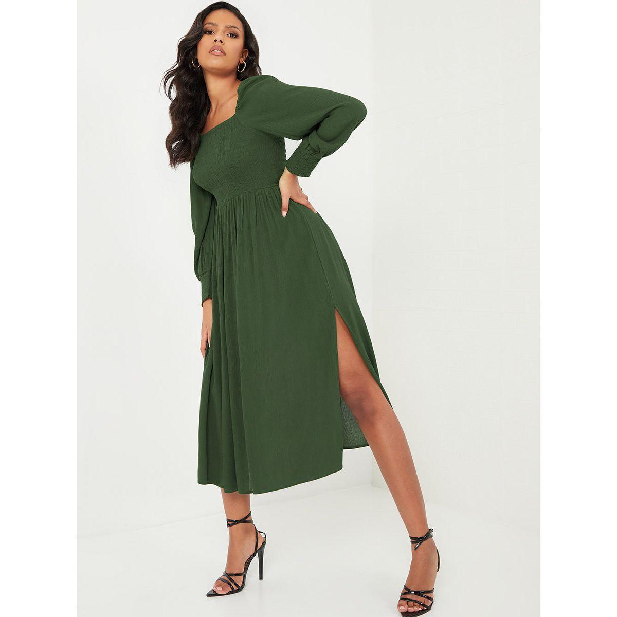Styli Cuffed Sleeves Square Neck Smock Midi Dress with Slit Hem-women-clothing-dresses-image-2