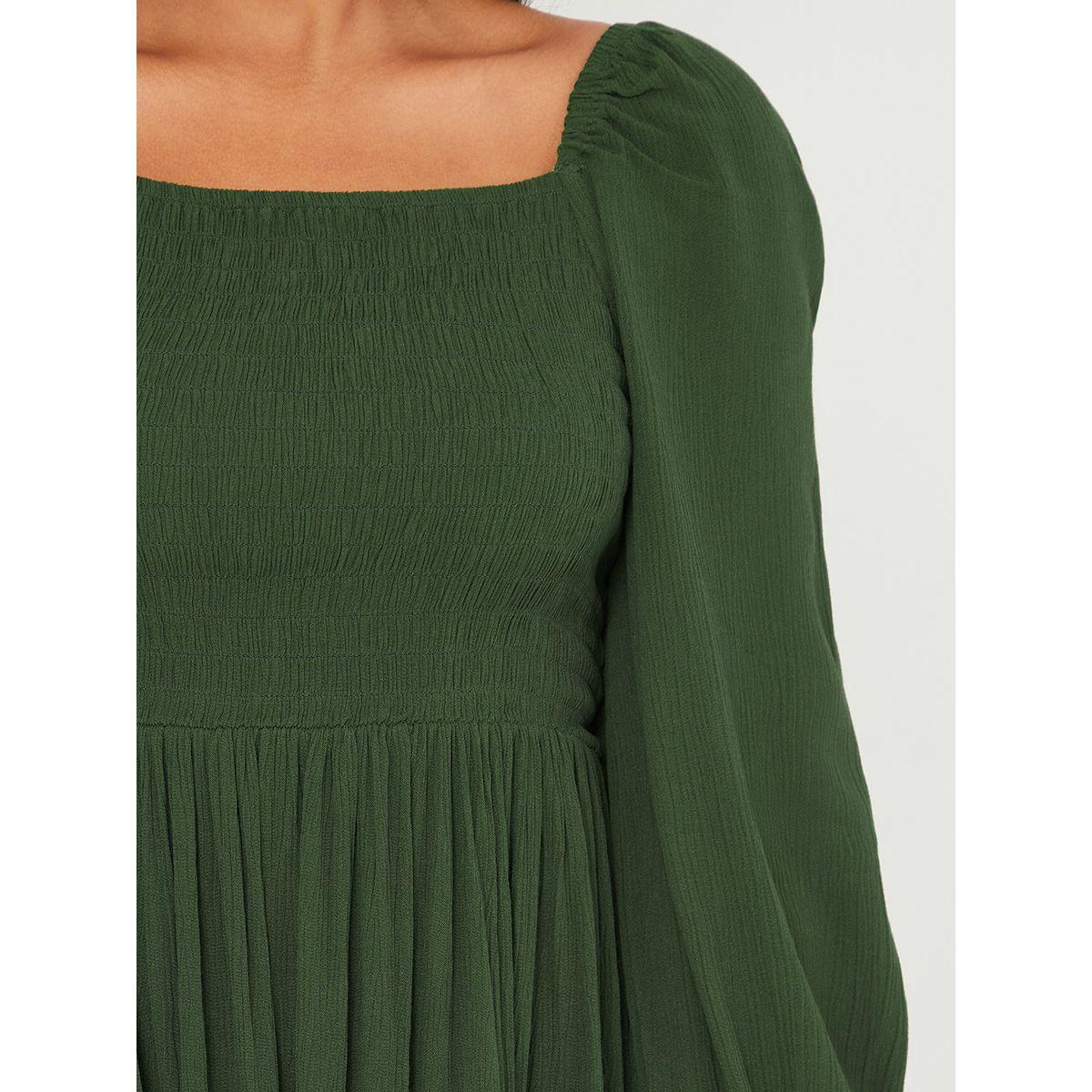Styli Cuffed Sleeves Square Neck Smock Midi Dress with Slit Hem-women-clothing-dresses-image-3