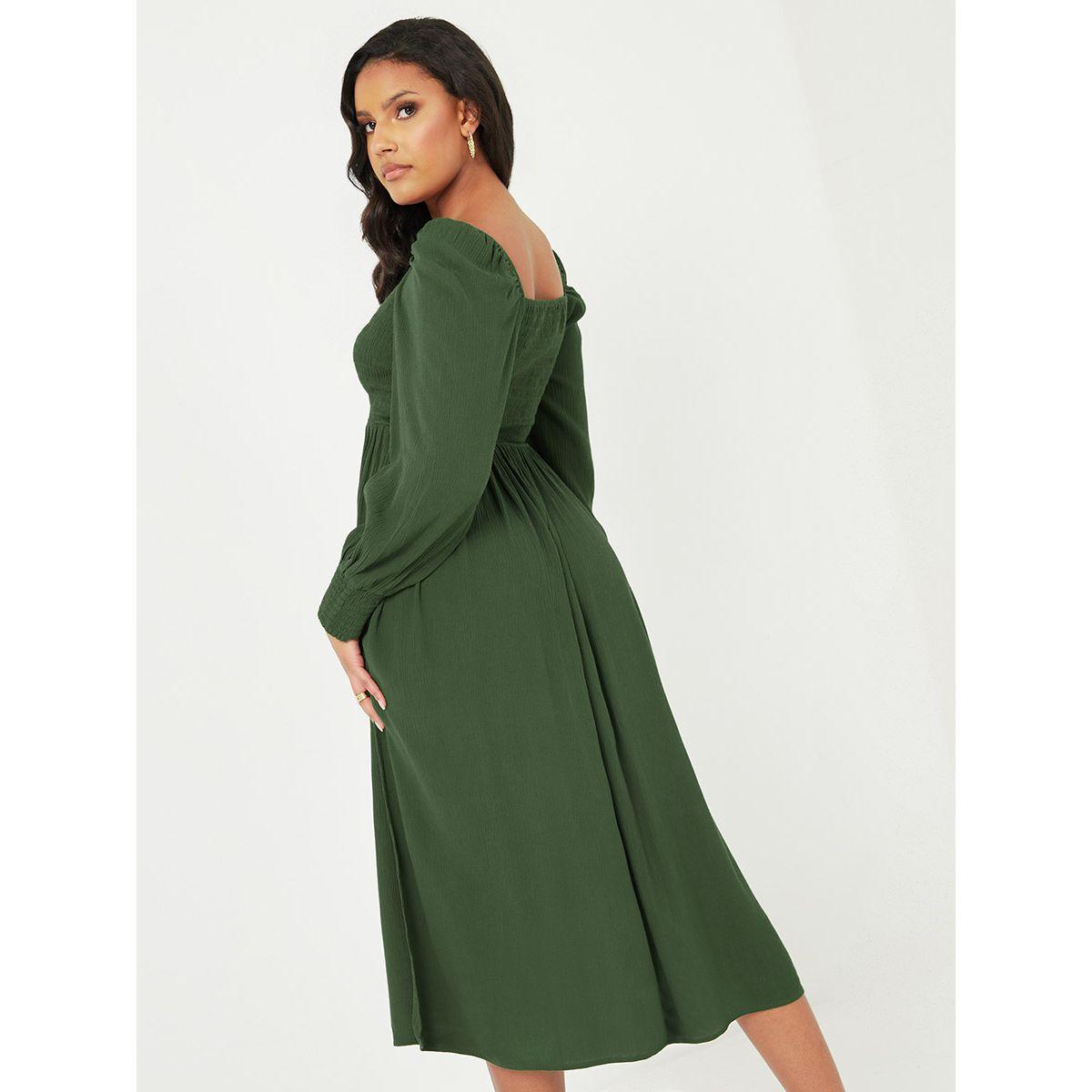 Styli Cuffed Sleeves Square Neck Smock Midi Dress with Slit Hem-women-clothing-dresses-image-4