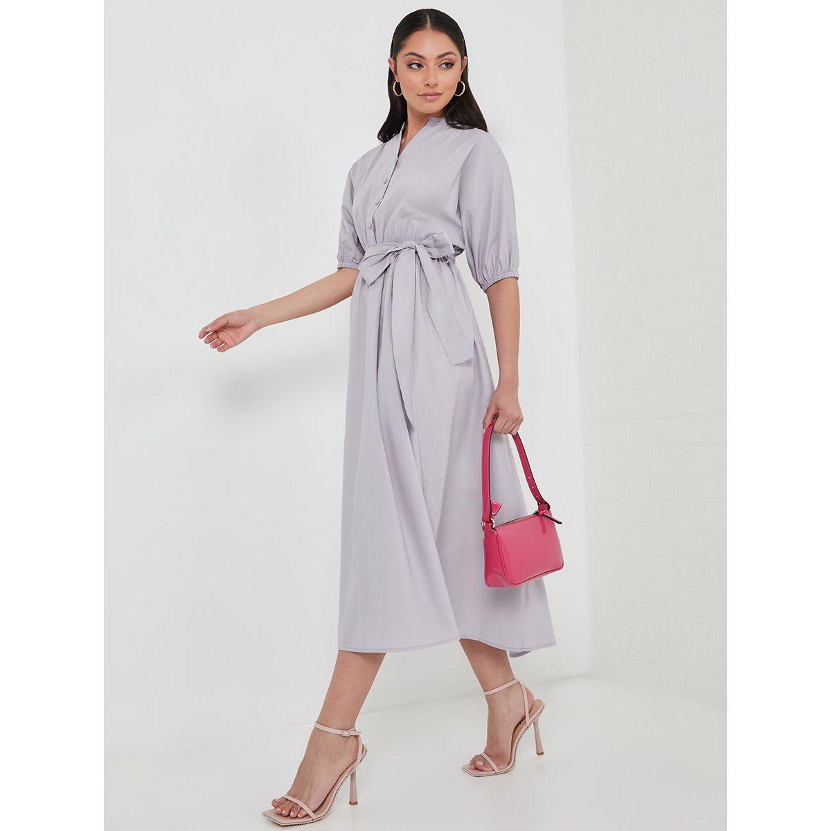 Styli Notch Neck A-Line Midi Dress with Self Tie Belt-women-clothing-dresses-image-1