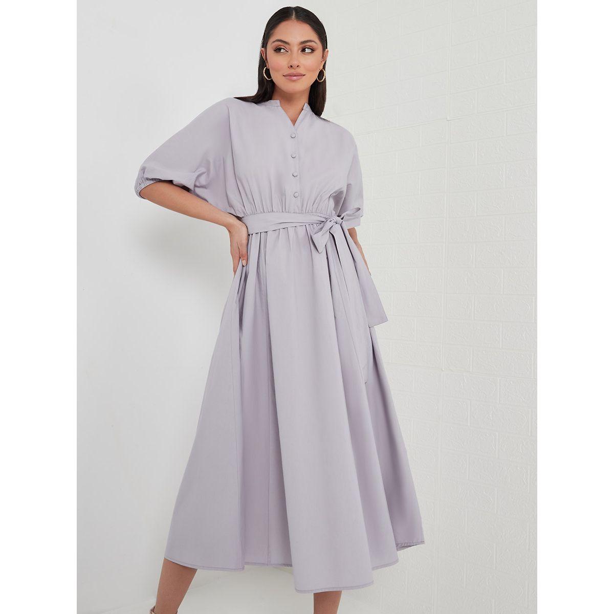 Styli Notch Neck A-Line Midi Dress with Self Tie Belt-women-clothing-dresses-image-2