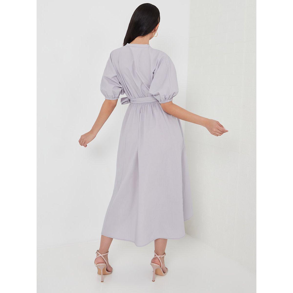 Styli Notch Neck A-Line Midi Dress with Self Tie Belt-women-clothing-dresses-image-4