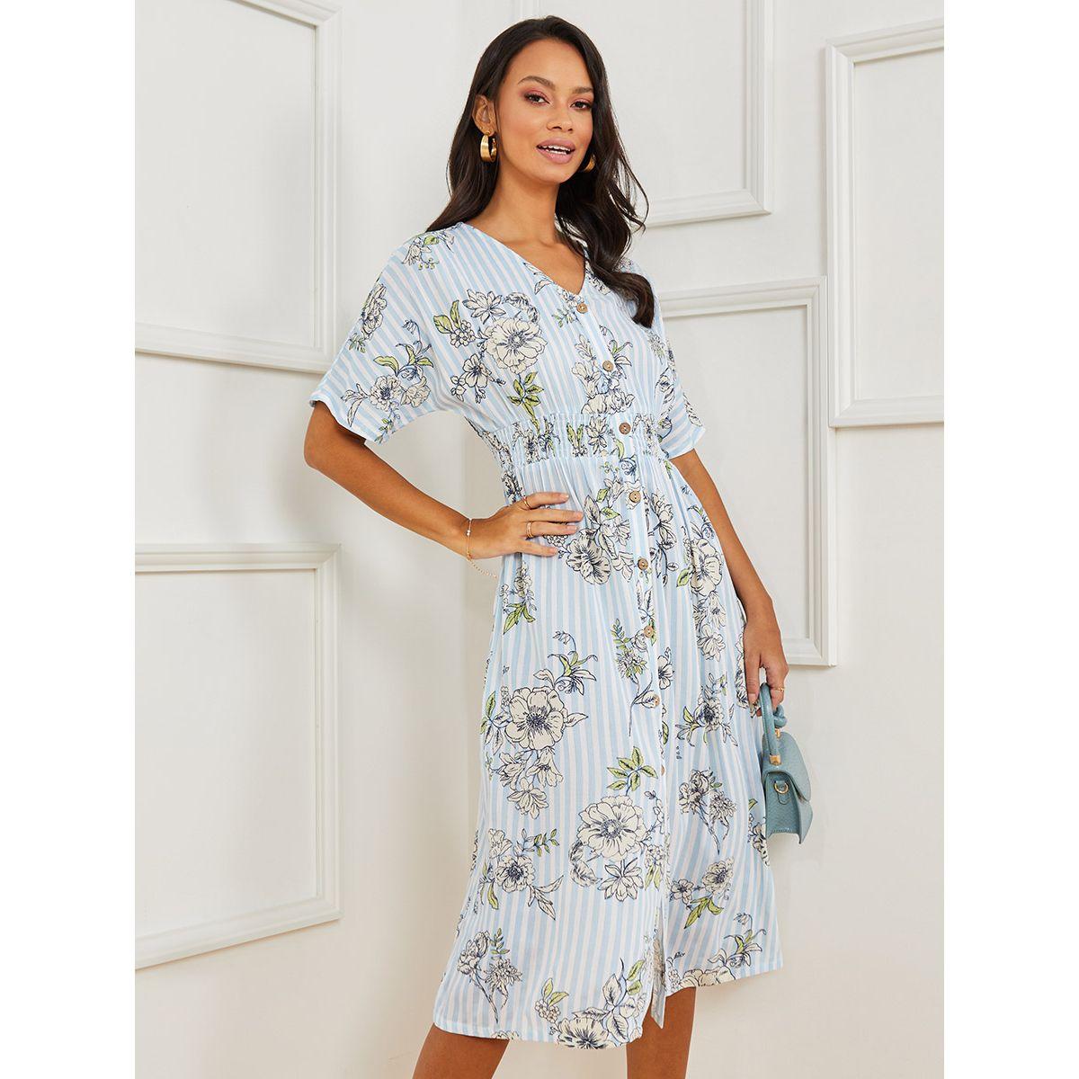 Styli Short Sleeves V Neck Floral Print Button Through A-Line Midi Dress-women-clothing-dresses-image-1