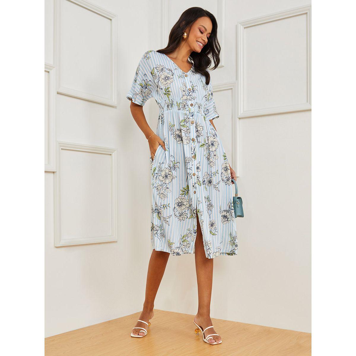 Styli Short Sleeves V Neck Floral Print Button Through A-Line Midi Dress-women-clothing-dresses-image-2
