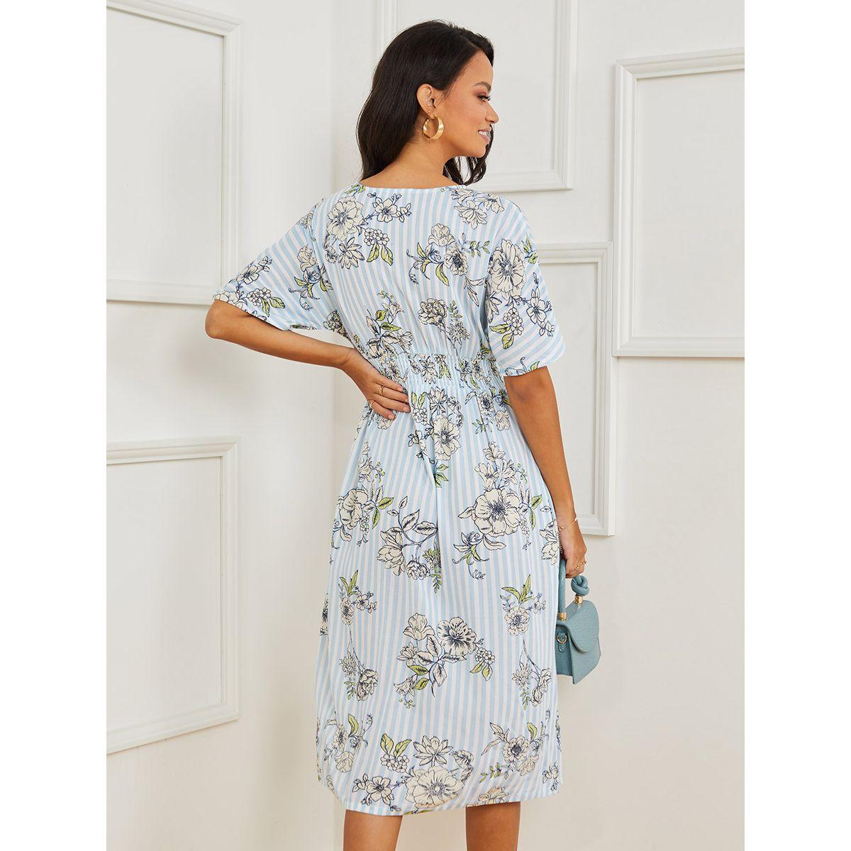 Styli Short Sleeves V Neck Floral Print Button Through A-Line Midi Dress-women-clothing-dresses-image-4