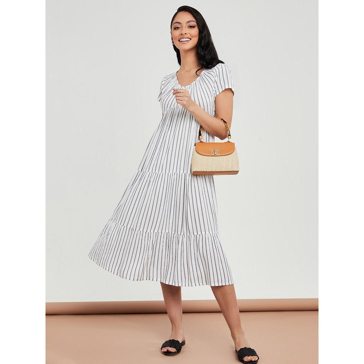 Styli Short Sleeves Striped Tiered Midi Dress with Tie Back Detail-women-clothing-dresses-image-1
