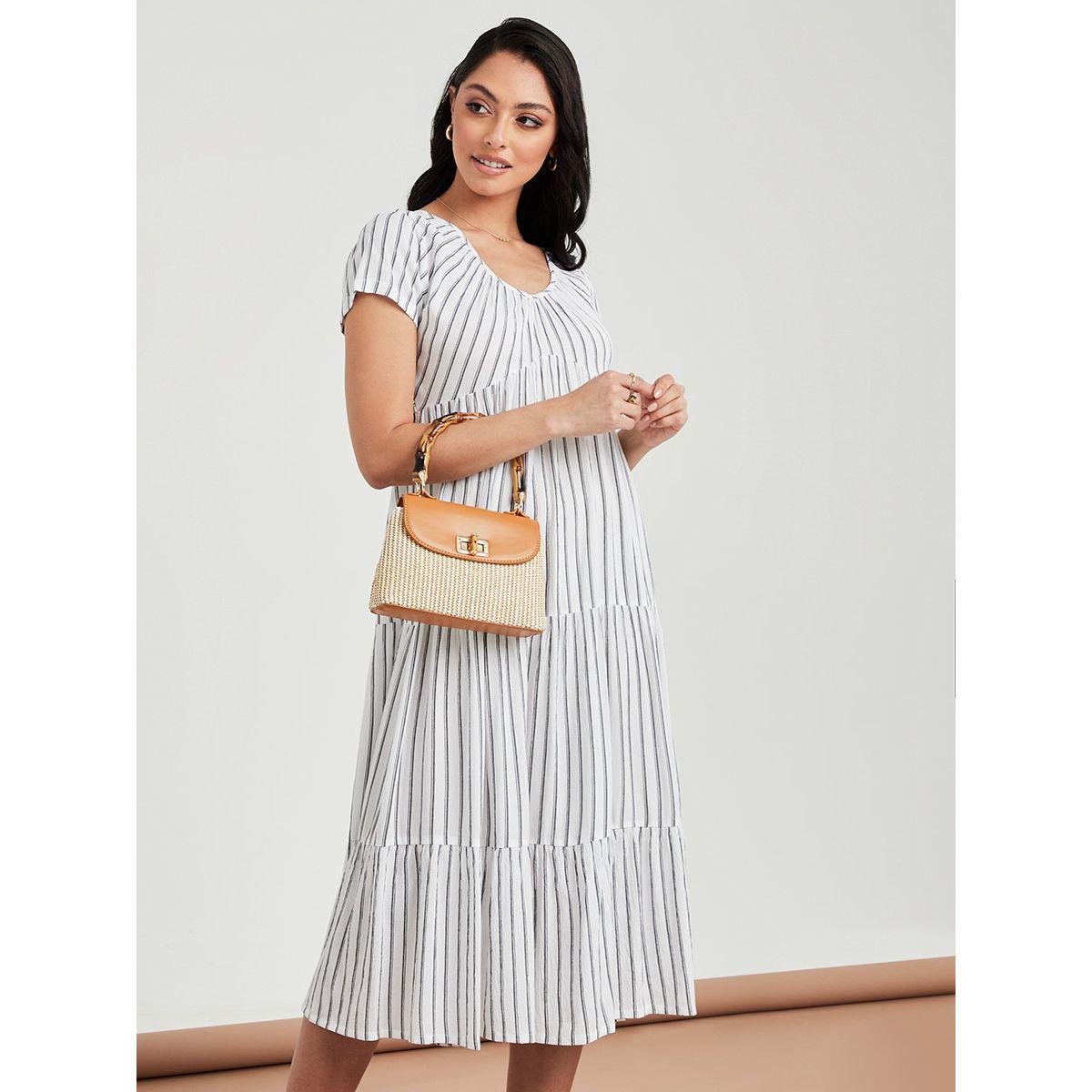 Styli Short Sleeves Striped Tiered Midi Dress with Tie Back Detail-women-clothing-dresses-image-2