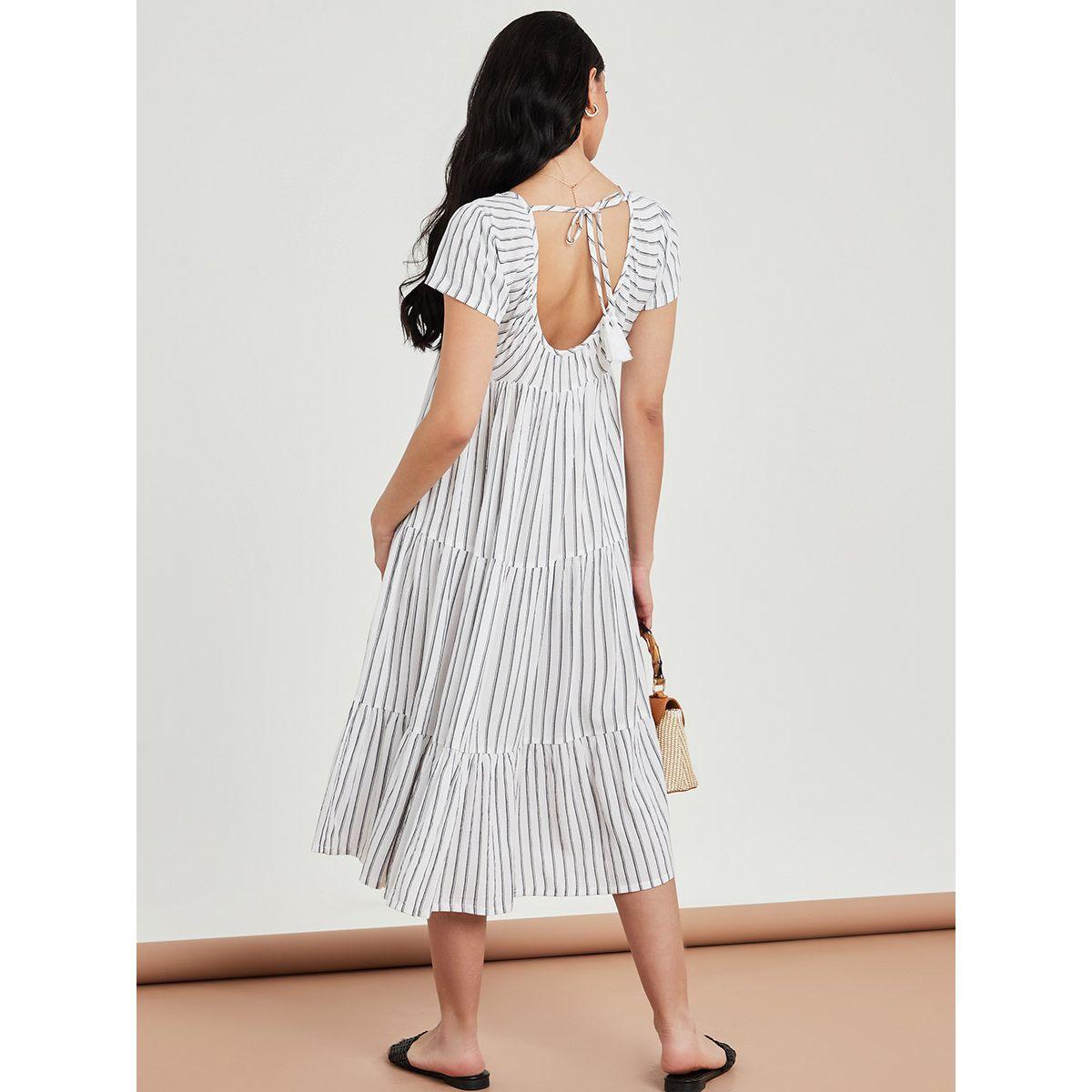Styli Short Sleeves Striped Tiered Midi Dress with Tie Back Detail-women-clothing-dresses-image-4