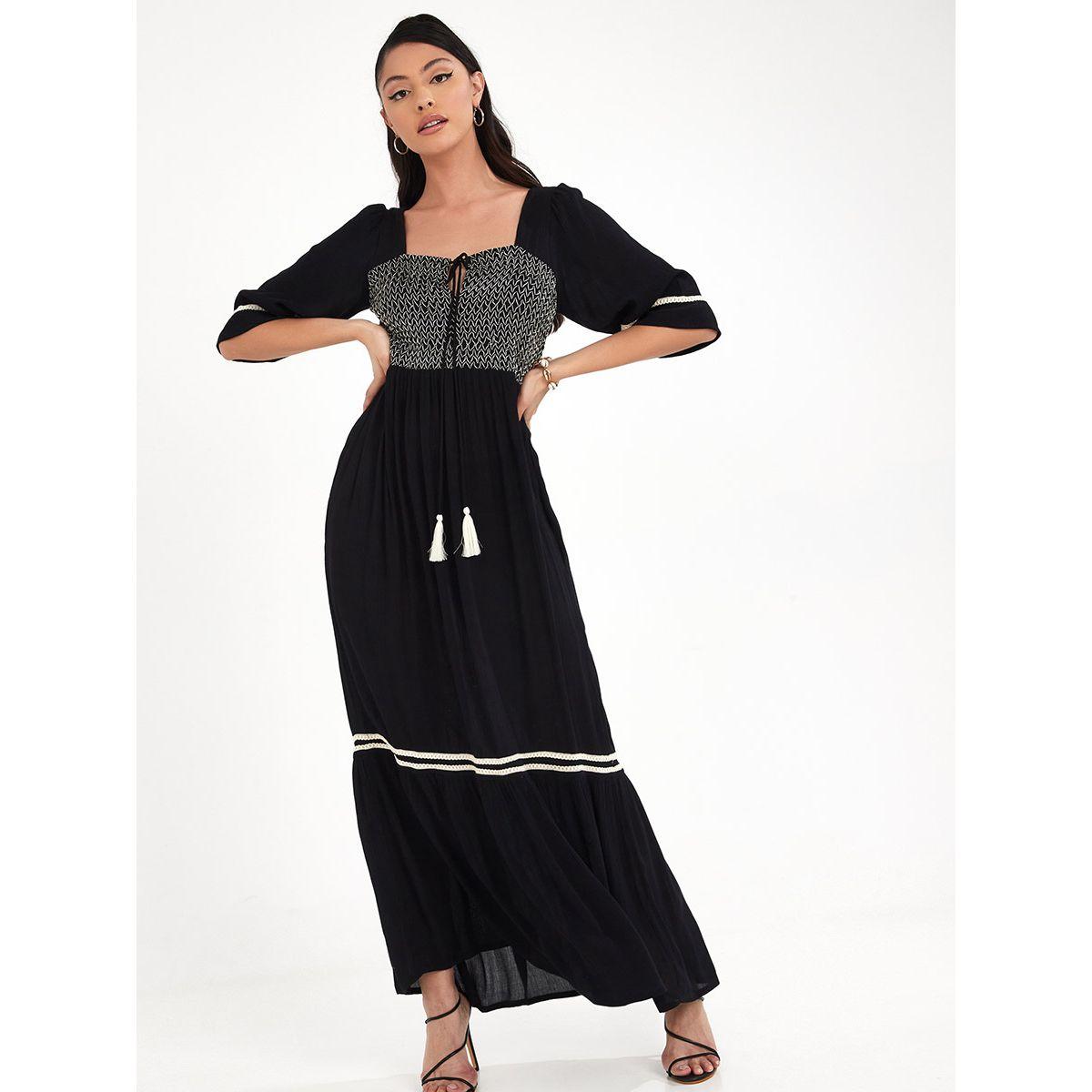 Styli 3/4 Sleeves Shirred Detail Square Neck A-Line Maxi Dress-women-clothing-dresses-image-1