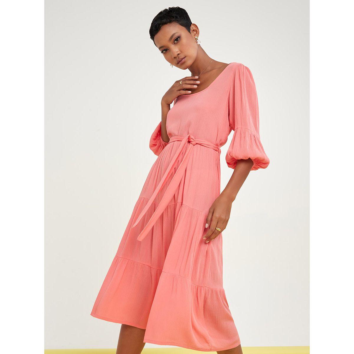 Styli 3/4 Sleeves Square Neck Tiered Midi Dress with Tie Belt-women-clothing-dresses-image-1