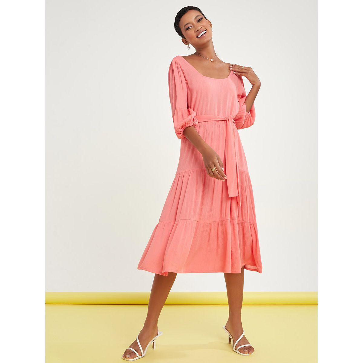 Styli 3/4 Sleeves Square Neck Tiered Midi Dress with Tie Belt-women-clothing-dresses-image-2