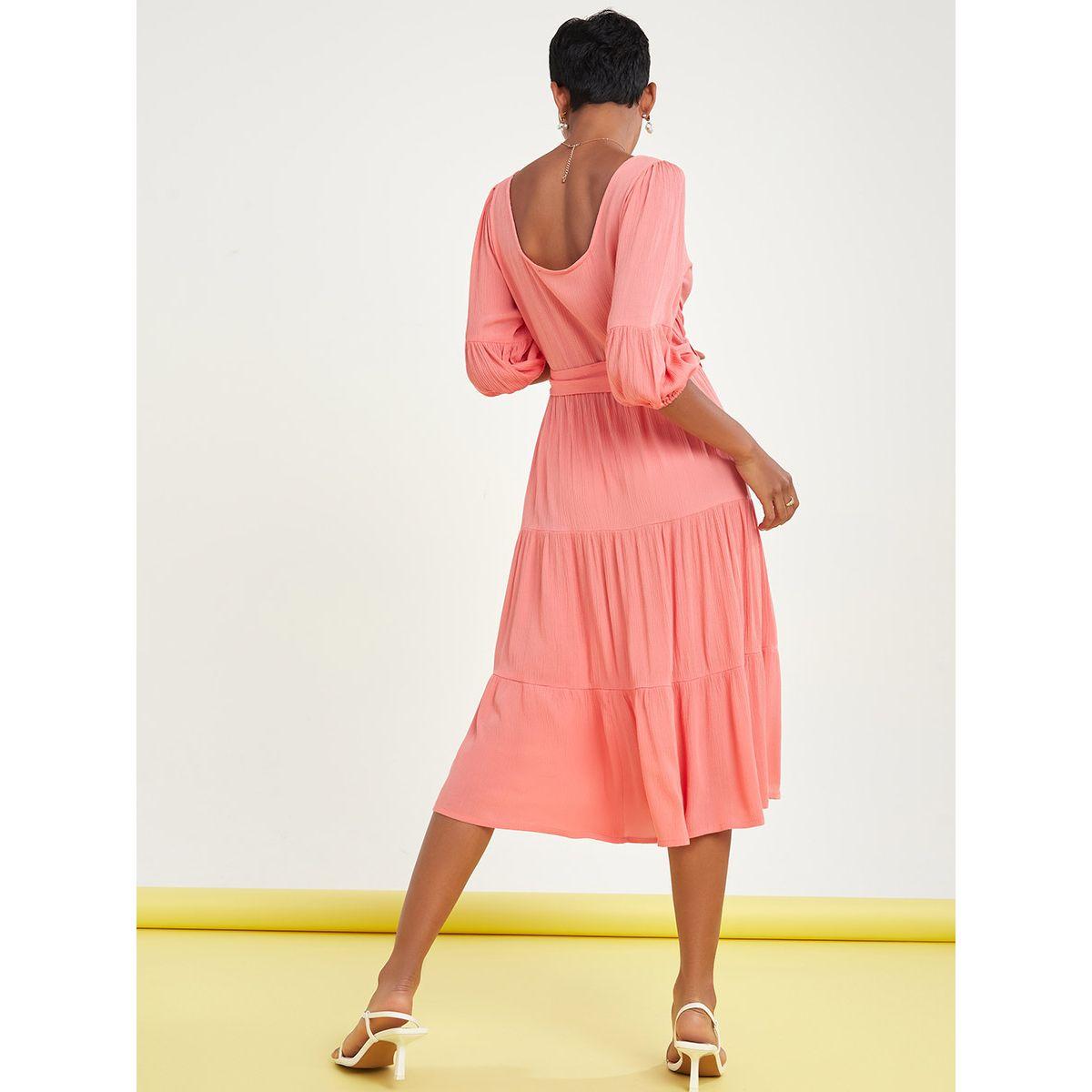 Styli 3/4 Sleeves Square Neck Tiered Midi Dress with Tie Belt-women-clothing-dresses-image-4