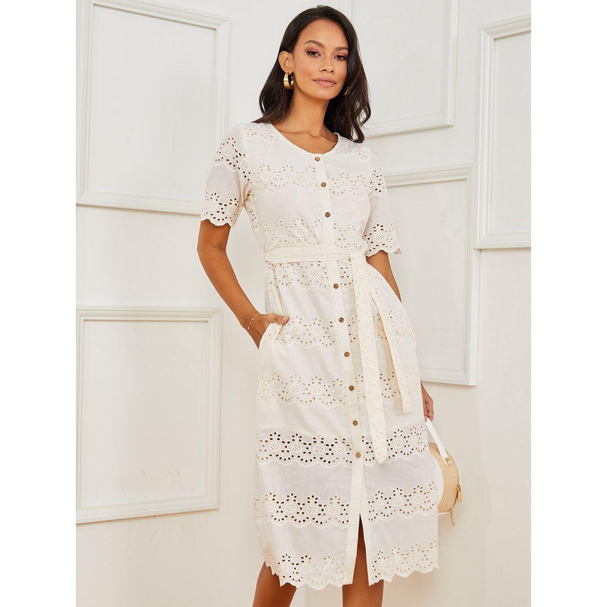 Styli Short Sleeves Schiffli A-Line Midi Dress with Buttons-women-clothing-dresses-image-1