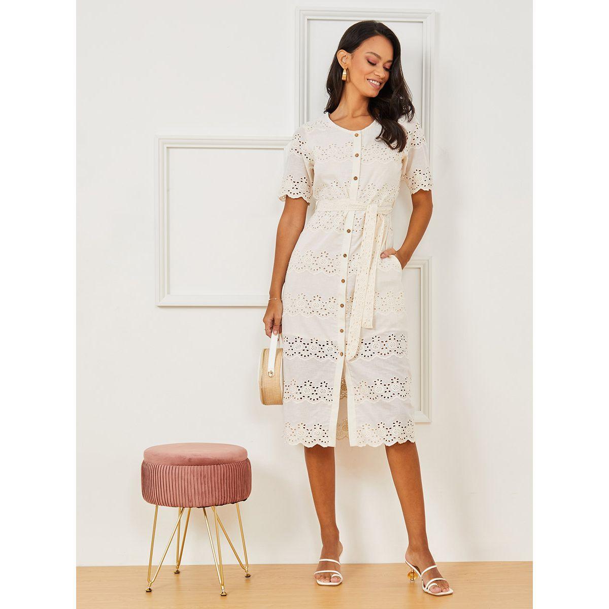 Styli Short Sleeves Schiffli A-Line Midi Dress with Buttons-women-clothing-dresses-image-2