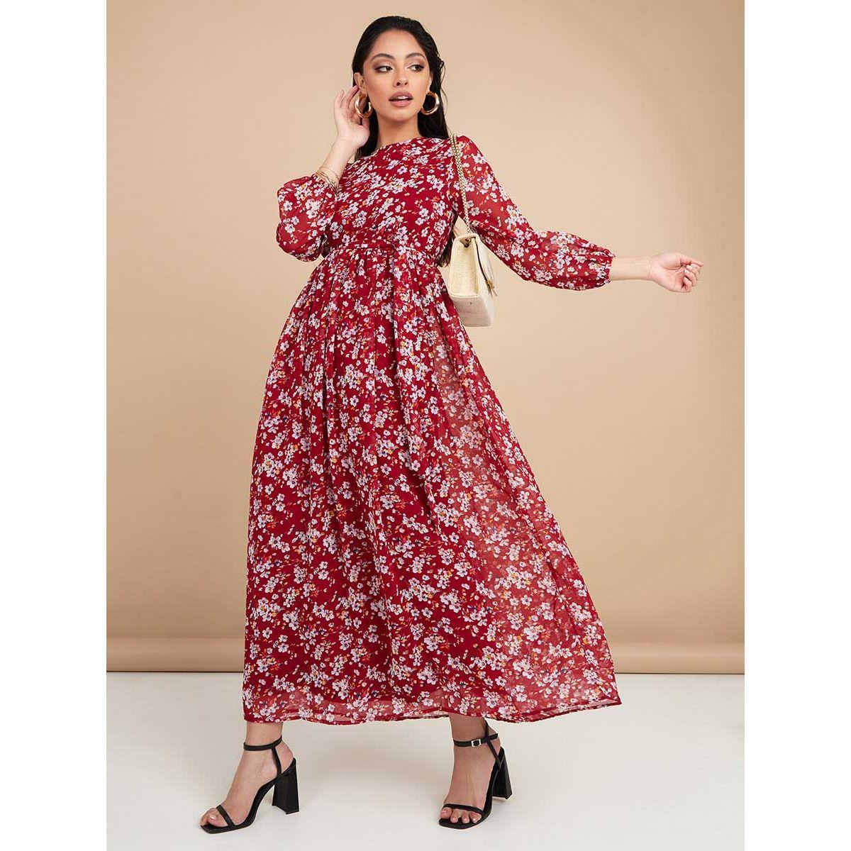 Styli 3/4 Sleeves Round Neck Floral Print A-Line Maxi Dress-women-clothing-dresses-image-1