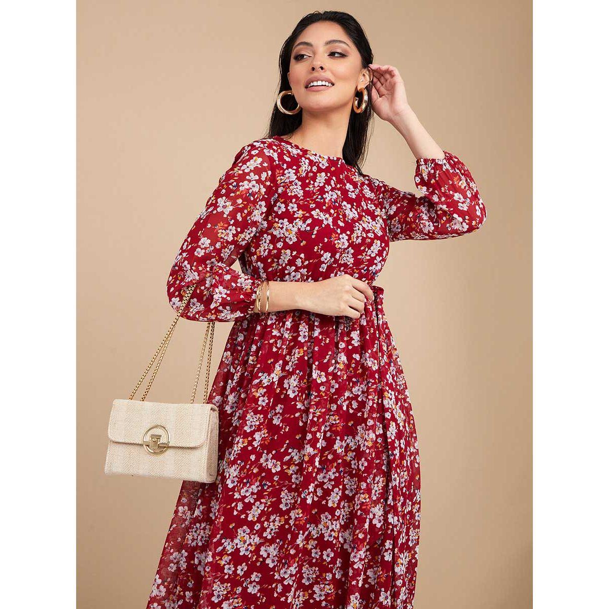 Styli 3/4 Sleeves Round Neck Floral Print A-Line Maxi Dress-women-clothing-dresses-image-2