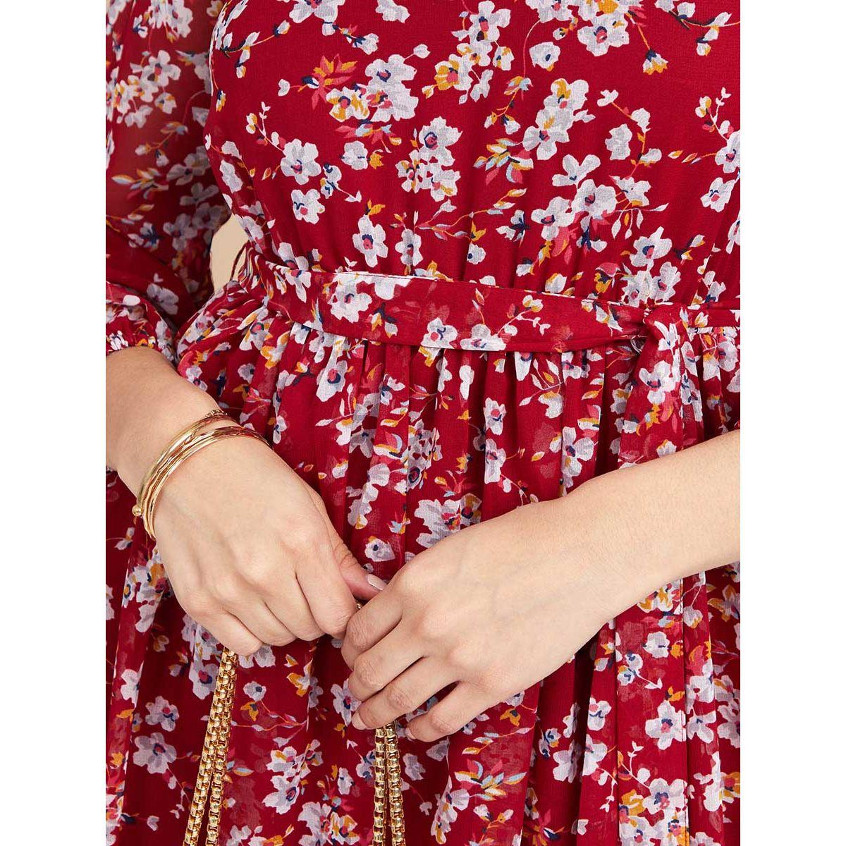 Styli 3/4 Sleeves Round Neck Floral Print A-Line Maxi Dress-women-clothing-dresses-image-3