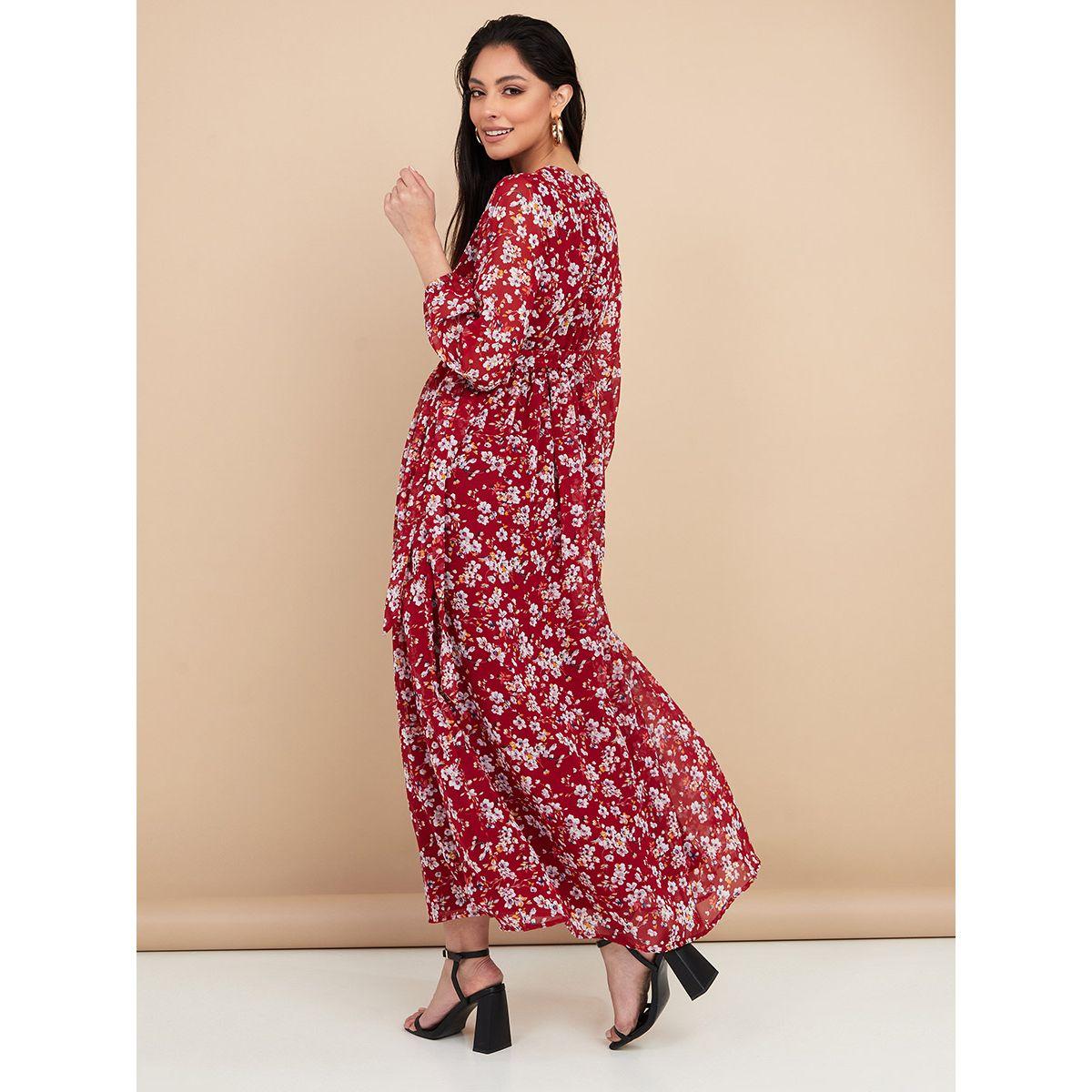 Styli 3/4 Sleeves Round Neck Floral Print A-Line Maxi Dress-women-clothing-dresses-image-4