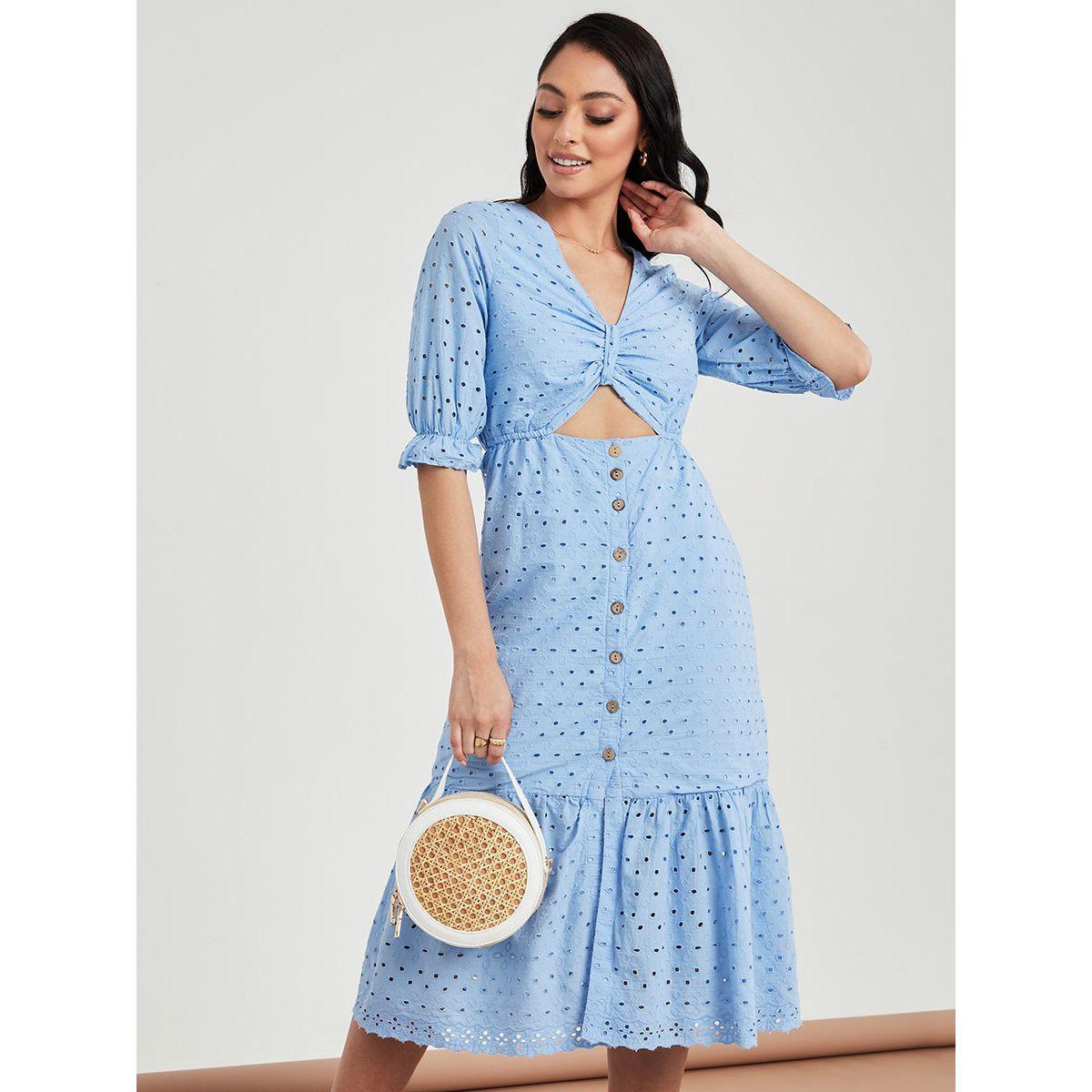 Styli 3/4 Sleeves Schiffli A-Line Midi Dress with Cut-Out Detail-women-clothing-dresses-image-1