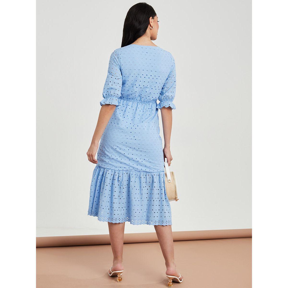 Styli 3/4 Sleeves Schiffli A-Line Midi Dress with Cut-Out Detail-women-clothing-dresses-image-4