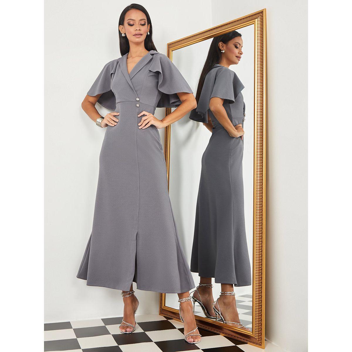 Styli Cape Style Sleeves Notch Neck A-Line Maxi Dress-women-clothing-dresses-image-1