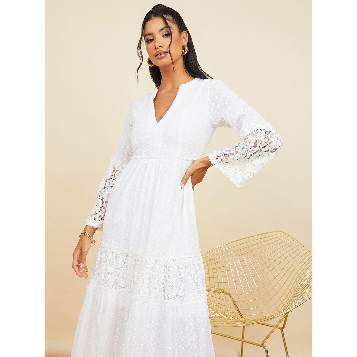 Styli Long Sleeves Lace Insert Tiered Maxi Dress with Notch Neck-women-clothing-dresses-image-3