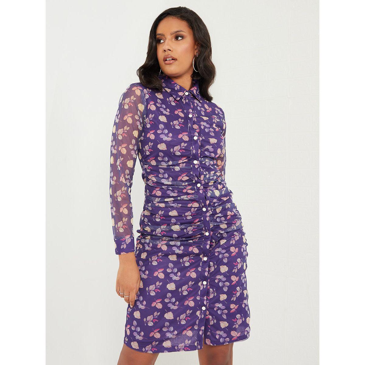 Styli Long Sleeves Floral Print Pleated Bodycon Knee Length Dress-women-clothing-dresses-image-1