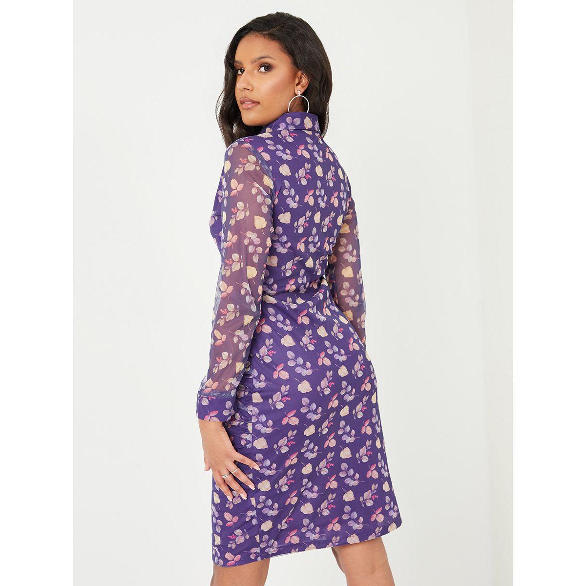 Styli Long Sleeves Floral Print Pleated Bodycon Knee Length Dress-women-clothing-dresses-image-4