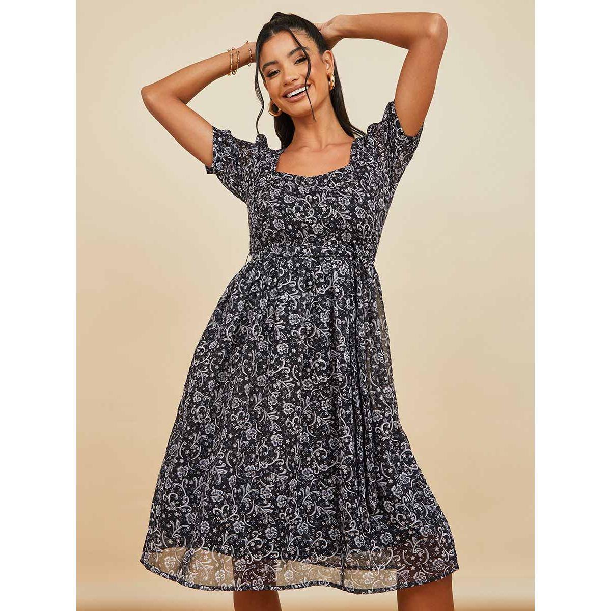 Styli Square Neck Scroll Floral Print A-Line Midi Dress-women-clothing-dresses-image-1