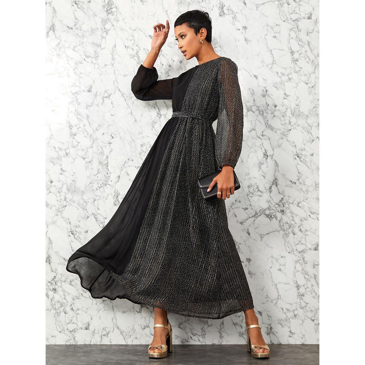Styli Long Volume Sleeves Printed Colorblock A-Line Maxi Dress with Tie Belt-women-clothing-dresses-image-1